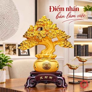 Cây tiền vàng chậu tròn trên bàn gỗ cạnh đồ trang trí chim