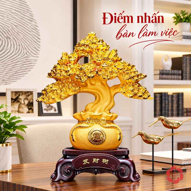Cây Tiền Vàng Để Bàn, Chậu Tròn Hai Kích Thước UPV001-BM Cây tiền vàng chậu tròn trên bàn gỗ cạnh đồ trang trí chim
