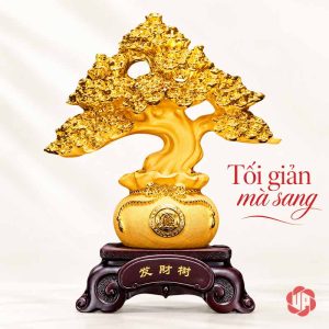 Cây tiền vàng chậu tròn trên nền trắng, có chữ trang trí bên phải
