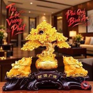 Cây tiền vàng ở giữa đôi thiềm thừ trên đế ngang màu trầm