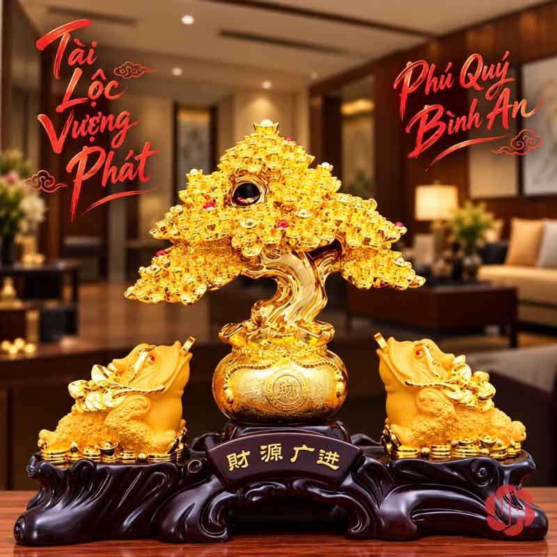 Cây Tiền Vàng Phong Thủy, Mẫu Tỳ Hưu Hoặc Thiềm Thừ UPV001-B Cây tiền vàng ở giữa đôi thiềm thừ trên đế ngang màu trầm