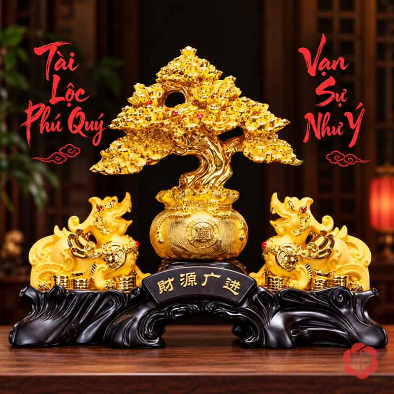 Cây Tiền Vàng Phong Thủy, Mẫu Tỳ Hưu Hoặc Thiềm Thừ UPV001-B Cây tiền vàng cùng đôi tỳ hưu quay vào giữa trên đế ngang