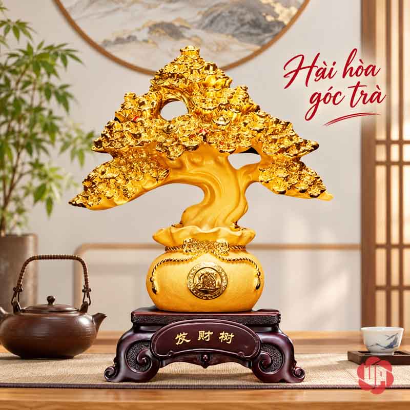 Cây Tiền Vàng Để Bàn, Chậu Tròn Hai Kích Thước UPV001-BM Cây tiền vàng chậu tròn bày cạnh ấm trà trước tranh phong cảnh