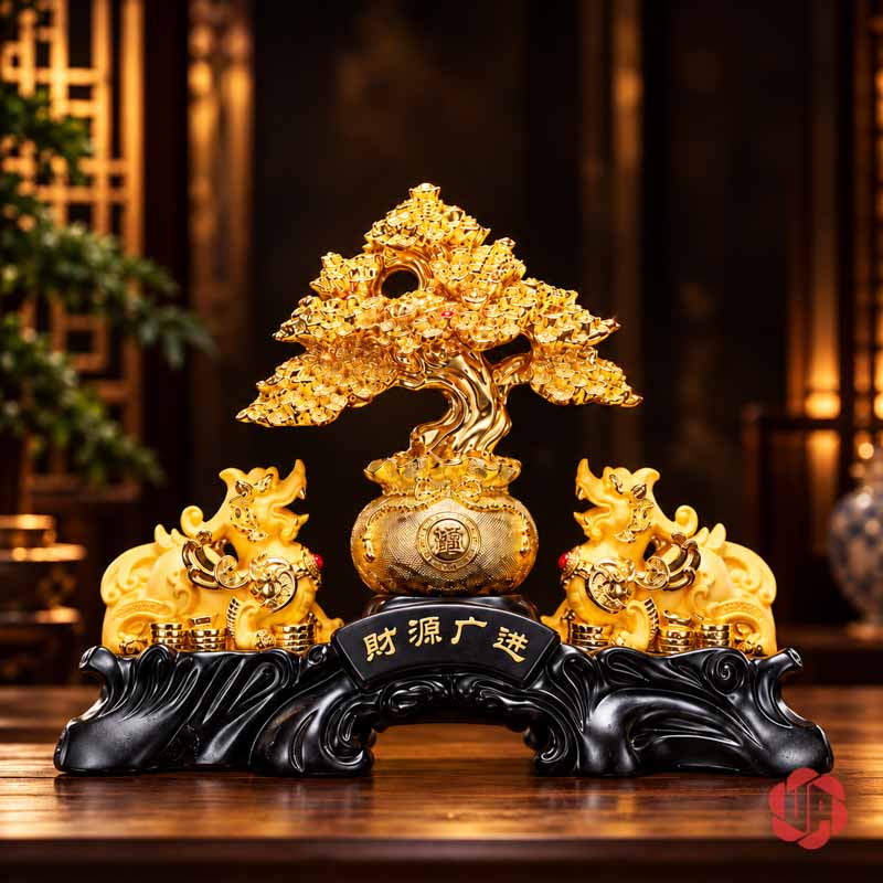 Cây Tiền Vàng Phong Thủy, Mẫu Tỳ Hưu Hoặc Thiềm Thừ UPV001-B Cây tiền vàng phong thủy mẫu tỳ hưu trên bàn gỗ