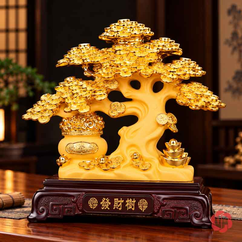 Vật Phẩm Phong Thủy Cây Tiền Vàng Tán Tầng UPV001-A Cây tiền vàng tán tầng nhìn chính diện trên bàn gỗ