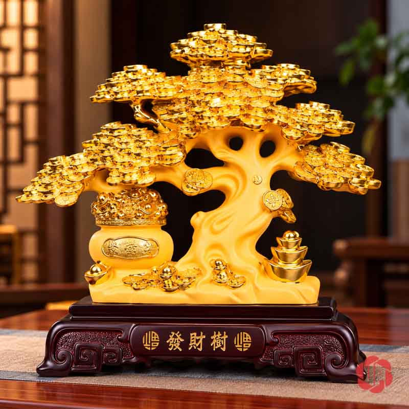 Vật Phẩm Phong Thủy Cây Tiền Vàng Tán Tầng UPV001-A Cây tiền vàng tán tầng, thân uốn và hũ tiền trên đế nâu đỏ