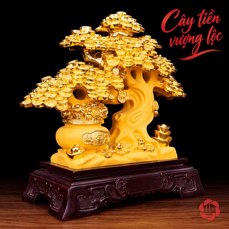 Vật Phẩm Phong Thủy Cây Tiền Vàng Tán Tầng UPV001-A Cây tiền vàng nhìn chếch với thân vàng và đế màu trầm