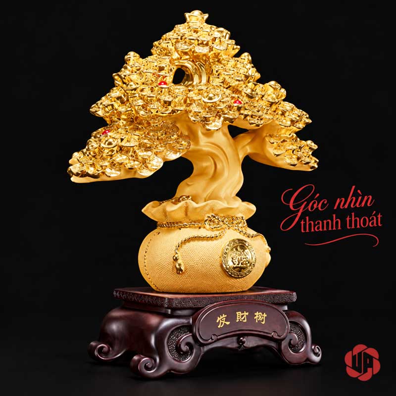 Cây Tiền Vàng Để Bàn, Chậu Tròn Hai Kích Thước UPV001-BM Cây tiền vàng tán nhiều tầng, chậu tròn trên nền tối