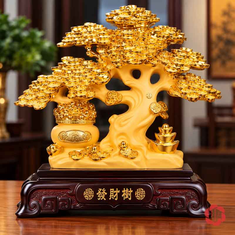 Vật Phẩm Phong Thủy Cây Tiền Vàng Tán Tầng UPV001-A Cây tiền vàng tán xòe ngang, thân uốn trên đế nâu đỏ