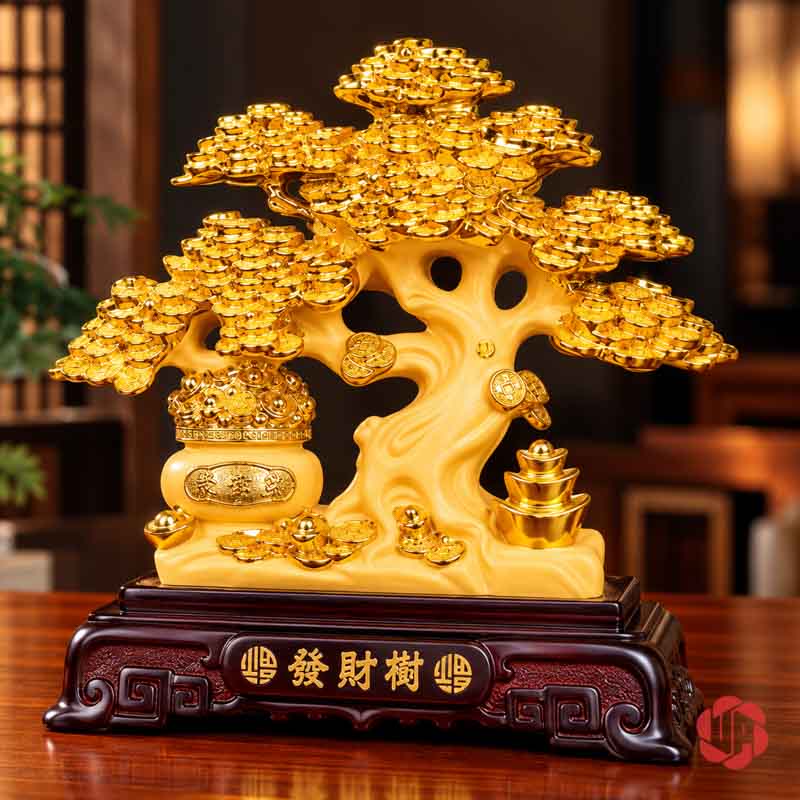 Vật Phẩm Phong Thủy Cây Tiền Vàng Tán Tầng UPV001-A Cây tiền vàng với thân uốn có khoảng rỗng bên dưới tán