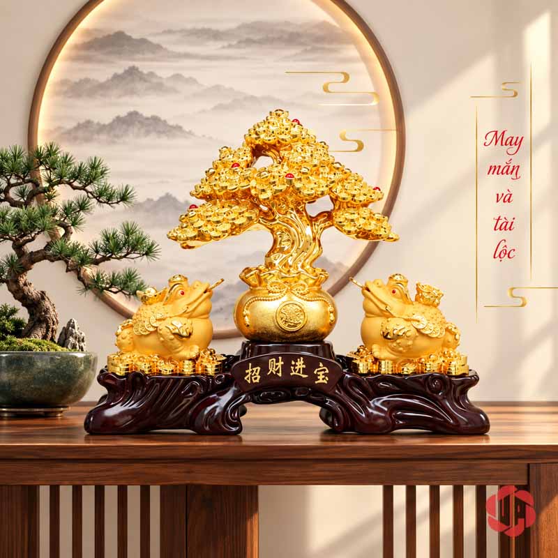 Cây Tiền Vàng Phong Thủy, Mẫu Tỳ Hưu Hoặc Thiềm Thừ UPV001-B Mẫu thiềm thừ trên tủ gỗ trước tranh tròn và tiểu cảnh