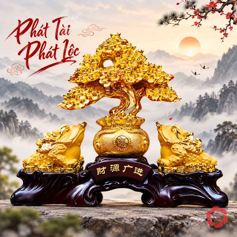 Cây Tiền Vàng Phong Thủy, Mẫu Tỳ Hưu Hoặc Thiềm Thừ UPV001-B Mẫu thiềm thừ trước phông tranh phong cảnh thủy mặc