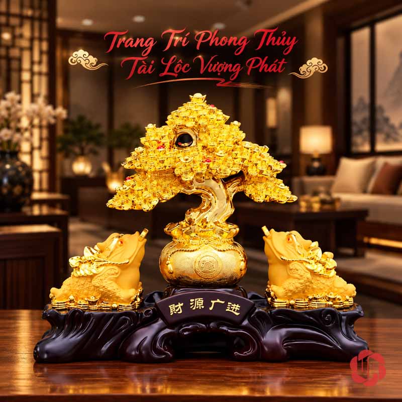 Cây Tiền Vàng Phong Thủy, Mẫu Tỳ Hưu Hoặc Thiềm Thừ UPV001-B Mẫu cây tiền vàng và thiềm thừ trên bàn trong phòng khách