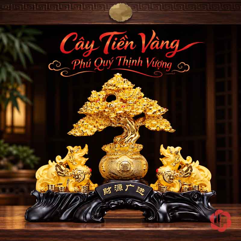 Cây Tiền Vàng Phong Thủy, Mẫu Tỳ Hưu Hoặc Thiềm Thừ UPV001-B Cây tiền vàng mẫu tỳ hưu trên bàn trước nền nội thất tối