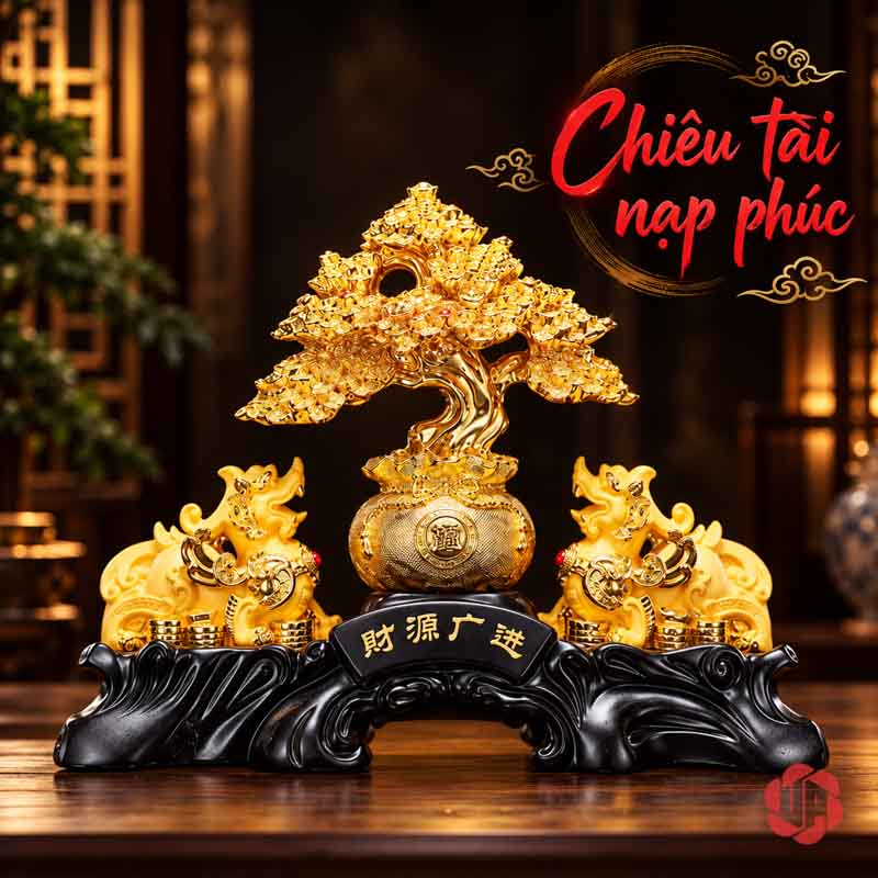 Cây Tiền Vàng Phong Thủy, Mẫu Tỳ Hưu Hoặc Thiềm Thừ UPV001-B Mẫu cây tiền vàng với đôi tỳ hưu trên nền tối