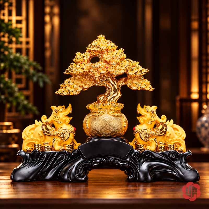 Cây Tiền Vàng Phong Thủy, Mẫu Tỳ Hưu Hoặc Thiềm Thừ UPV001-B Toàn dáng cây tiền vàng và đôi tỳ hưu trên đế trầm