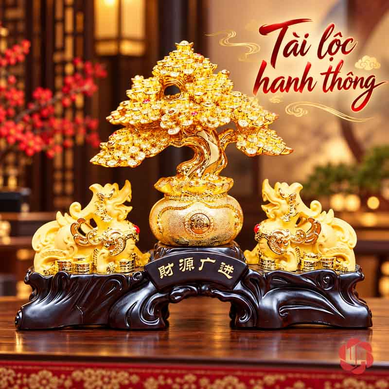Cây Tiền Vàng Phong Thủy, Mẫu Tỳ Hưu Hoặc Thiềm Thừ UPV001-B Cây tiền vàng mẫu tỳ hưu bày trên bàn trước nền nội thất ấm