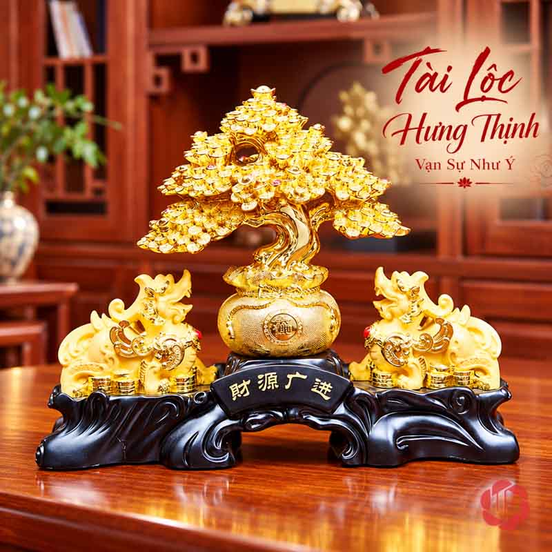Cây Tiền Vàng Phong Thủy, Mẫu Tỳ Hưu Hoặc Thiềm Thừ UPV001-B Mẫu cây tiền vàng và tỳ hưu trên mặt tủ gỗ