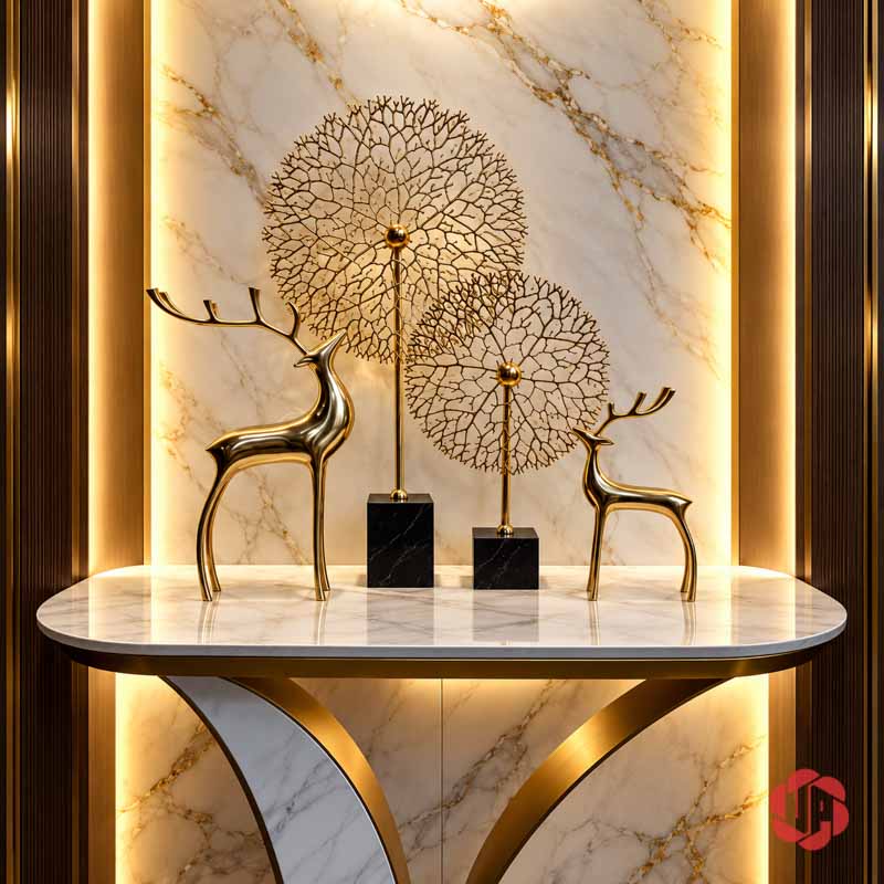 Decor Trang Trí Cây Trường Sinh Đế Đá UP059A Cây trường sinh phối hươu trên bàn tròn trước tường vân đá