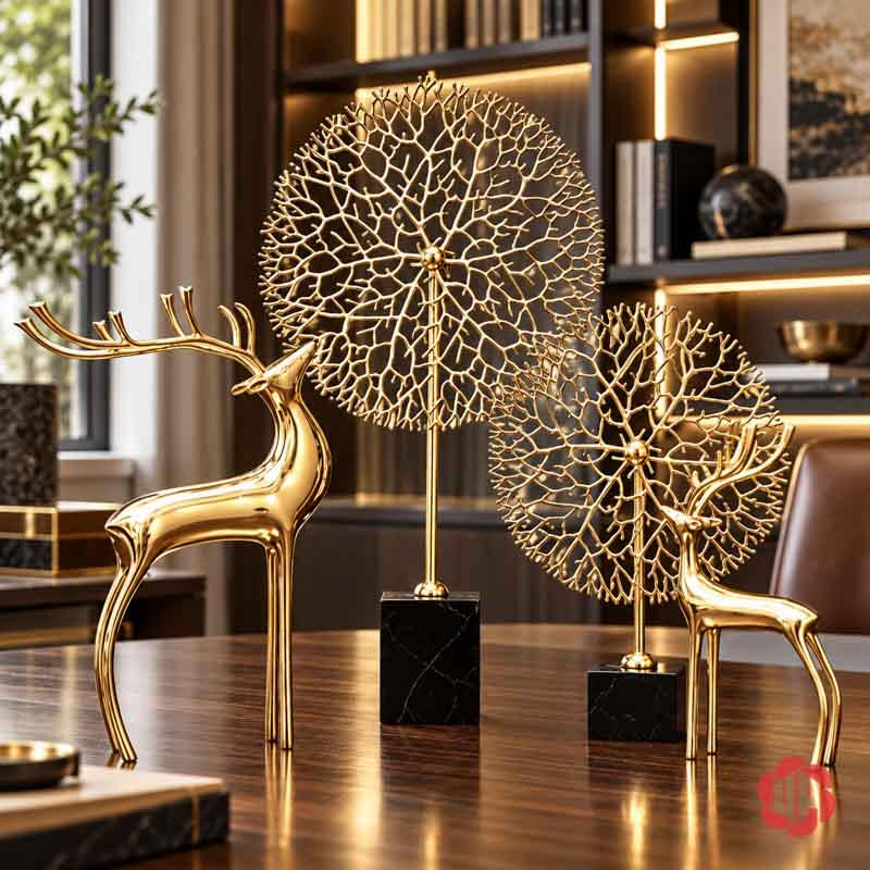 Decor Trang Trí Cây Trường Sinh Đế Đá UP059A Hai cây trường sinh phối hươu nhìn từ góc chếch