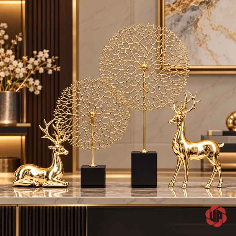 Decor Trang Trí Cây Trường Sinh Đế Đá UP059A Hai cây trường sinh phối tượng hươu đứng và nằm