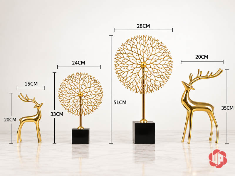 Decor Trang Trí Cây Trường Sinh Đế Đá UP059A Sơ đồ cây trường sinh cao 33 và 51 cm bên tượng hươu minh họa