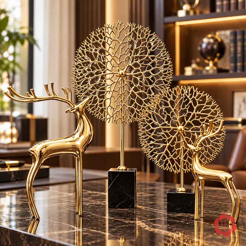 Decor Trang Trí Cây Trường Sinh Đế Đá UP059A Cây trường sinh vàng và hươu trên mặt bàn tối