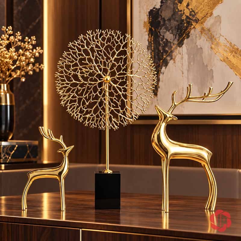 Decor Trang Trí Cây Trường Sinh Đế Đá UP059A Cây trường sinh vàng trên bàn phòng khách cùng hươu