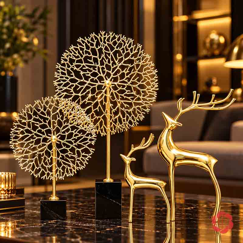 Decor Trang Trí Cây Trường Sinh Đế Đá UP059A Hai cây trường sinh trên đế đen phối hươu vàng