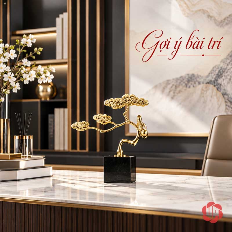 Cây Để Bàn Làm Việc Tùng Đồng Trên Đá UP067V Cây tùng vàng trên bàn làm việc cạnh ghế