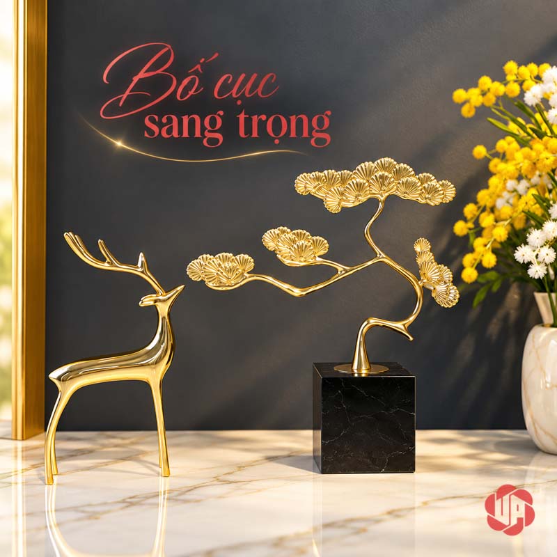 Cây Để Bàn Làm Việc Tùng Đồng Trên Đá UP067V Cây tùng vàng đặt cạnh tượng hươu trong phối cảnh