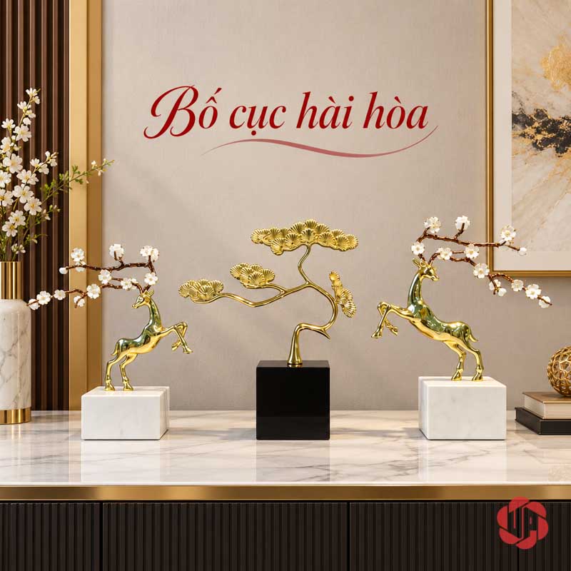 Cây Để Bàn Làm Việc Tùng Đồng Trên Đá UP067V Cây tùng đế đen giữa hai món decor đế trắng