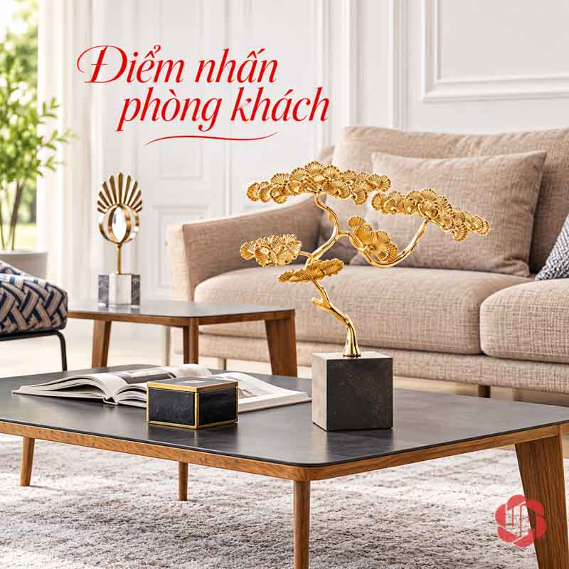 Cây Để Bàn Làm Việc Tùng Đồng Trên Đá UP067V Cây tùng trên bàn trà trước sofa màu be