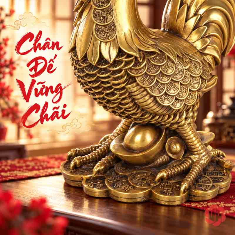 Tượng Con Gà Trống Tài Lộc Bằng Đồng UPD023 Chân gà trống và đế thỏi vàng xen tiền xu