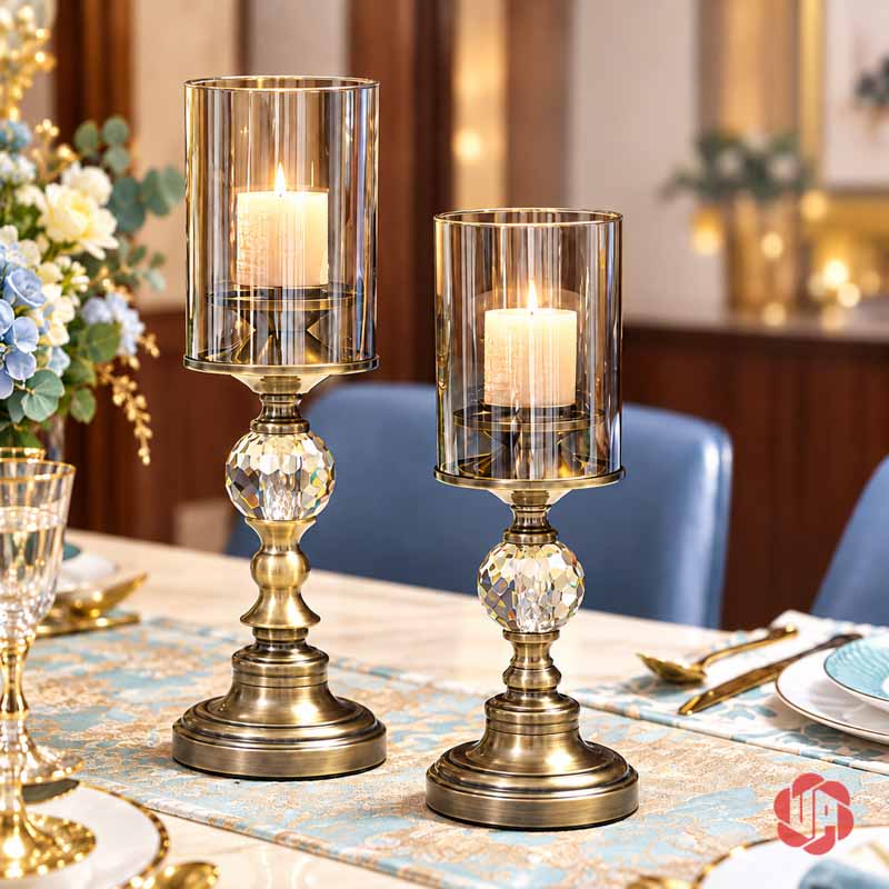 Chân Nến Pha Lê Thủy Tinh Phong Cách Tân Cổ Điển UP029 Chân nến pha lê thủy tinh bộ đôi tân cổ điển trên bàn sáng
