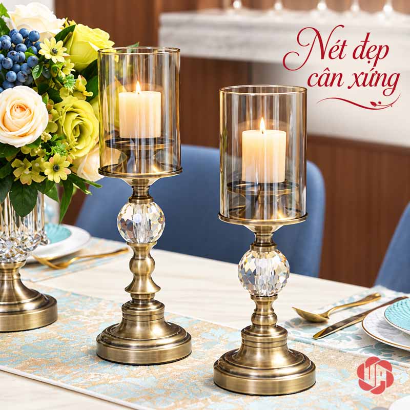 Chân Nến Pha Lê Thủy Tinh Phong Cách Tân Cổ Điển UP029 Chân nến pha lê thủy tinh hai chụp trụ cạnh bình hoa