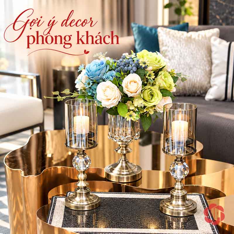 Chân Nến Pha Lê Thủy Tinh Phong Cách Tân Cổ Điển UP029 Chân nến pha lê thủy tinh phối khay và hoa trong phòng khách