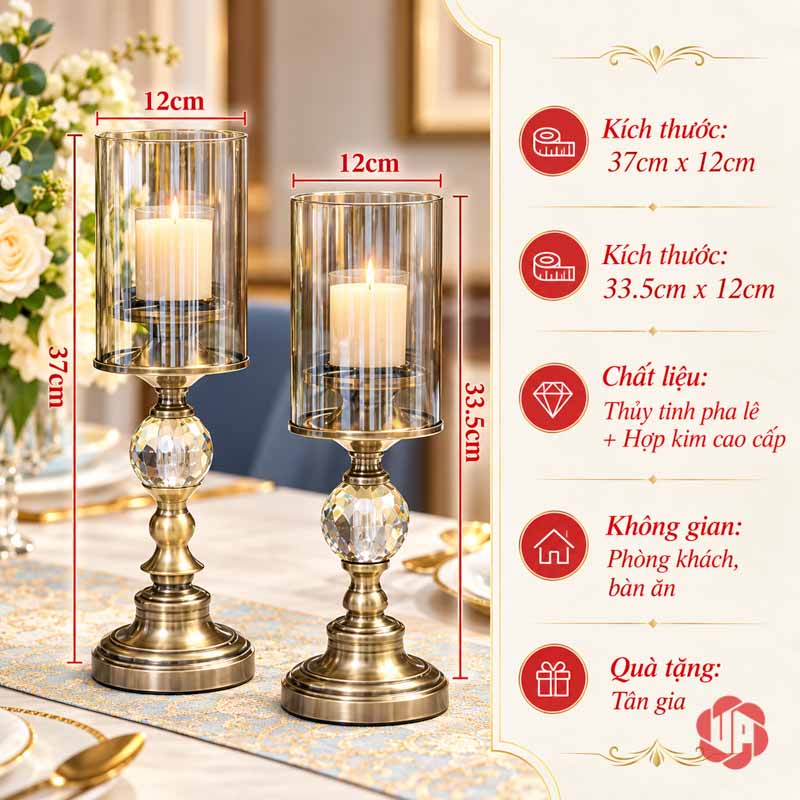 Chân Nến Pha Lê Thủy Tinh Phong Cách Tân Cổ Điển UP029 Chân nến pha lê thủy tinh sơ đồ hai cỡ cao thấp
