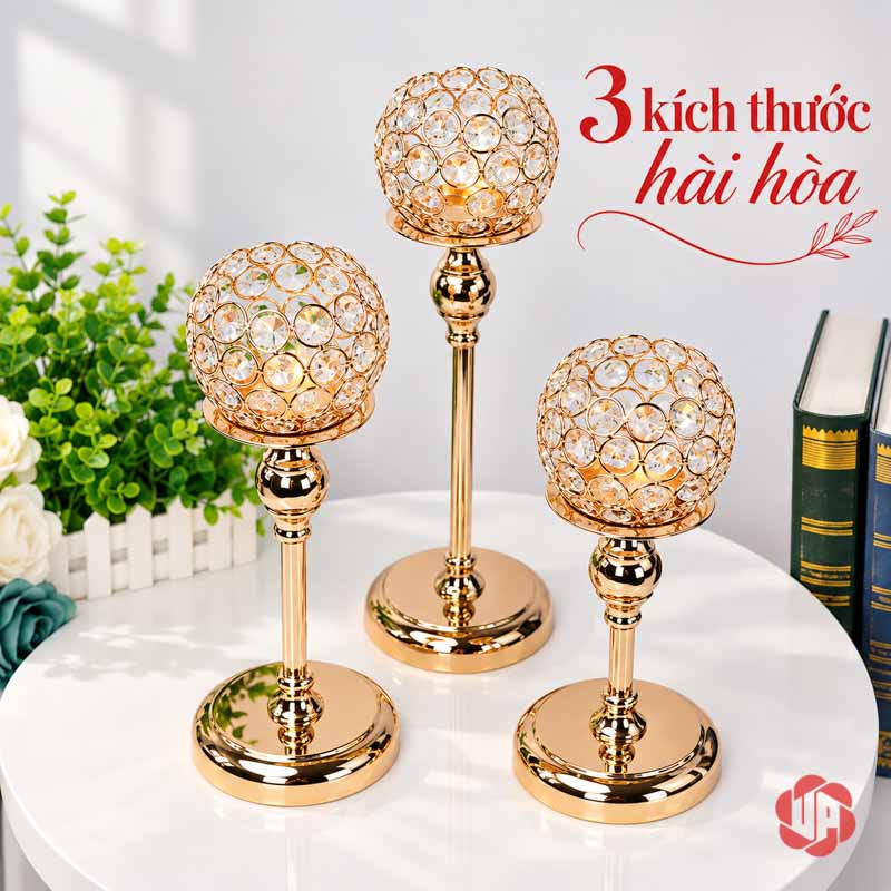 Bộ Chân Nến Trang Trí Để Bàn Ánh Vàng UP018 Chân nến trang trí ba chiều cao bố trí thành cụm
