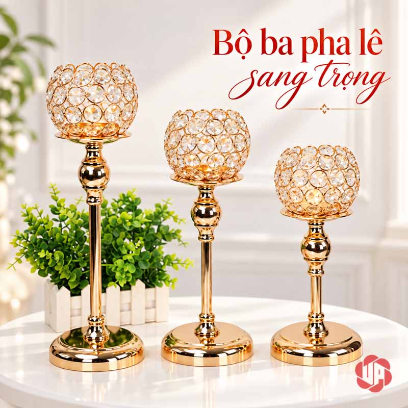 Bộ Chân Nến Trang Trí Để Bàn Ánh Vàng UP018 Chân nến trang trí bộ ba ánh vàng xếp theo chiều cao