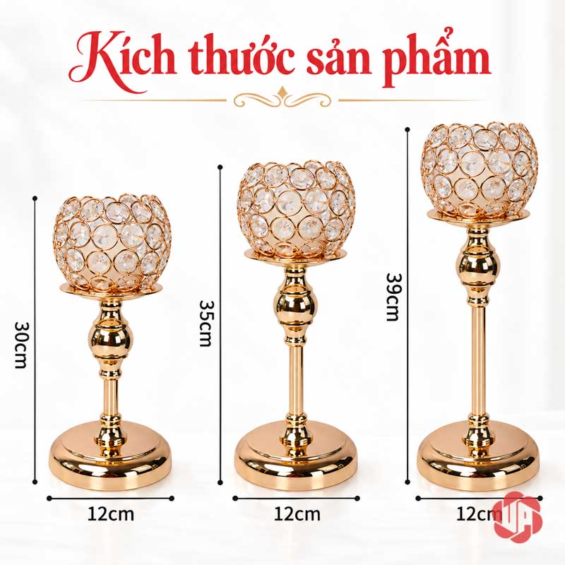 Bộ Chân Nến Trang Trí Để Bàn Ánh Vàng UP018 Chân nến trang trí sơ đồ ba cỡ cao thấp đế tròn
