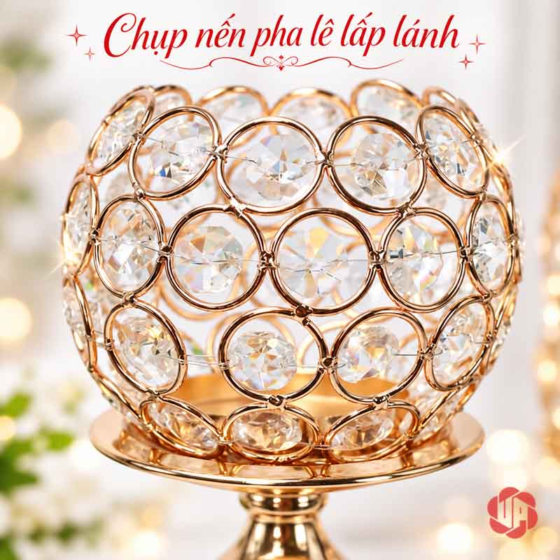 Bộ Chân Nến Trang Trí Để Bàn Ánh Vàng UP018 Chân nến trang trí với chụp tròn đính hạt trong suốt