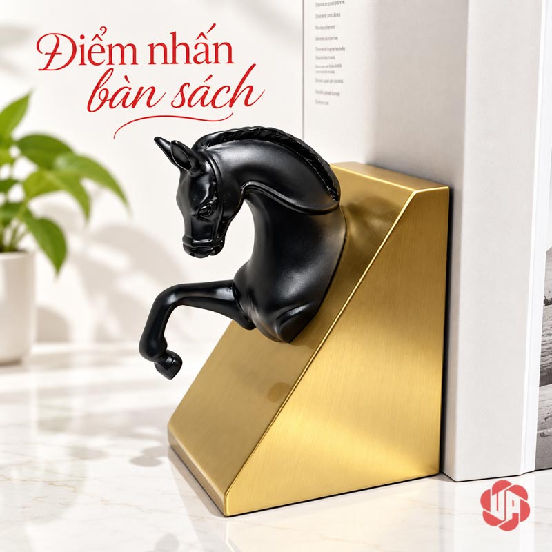 Chặn Sách Decor Ngựa Mã Đáo Thành Công UP051 Chặn sách decor ngựa nhìn nghiêng bên sách trên mặt bàn sáng