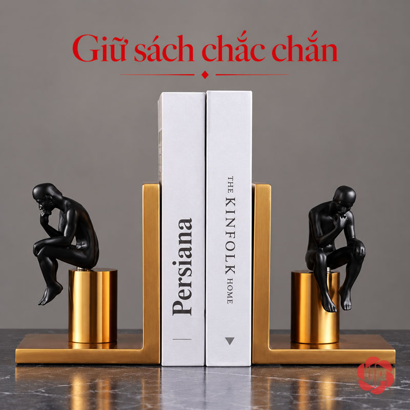 Chặn Sách Trang Trí Người Suy Tư Đen Vàng UP028 Chặn sách trang trí bày đối xứng quanh sách trên bàn tối