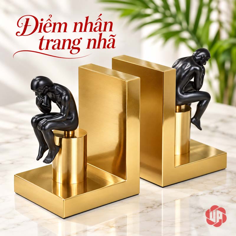 Chặn Sách Trang Trí Người Suy Tư Đen Vàng UP028 Chặn sách trang trí hai bên nhìn từ góc chéo