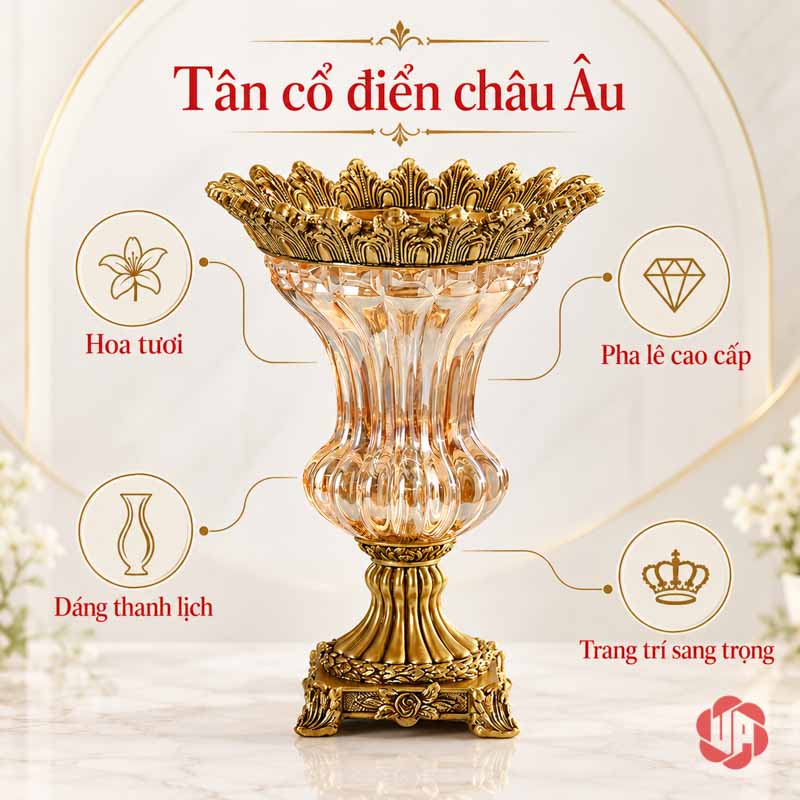 Lọ Hoa Thủy Tinh Tân Cổ Điển Viền Vàng UPT13 ảnh minh họa kiểu dáng và cấu tạo của lọ hoa thủy tinh tân cổ điển UPT13