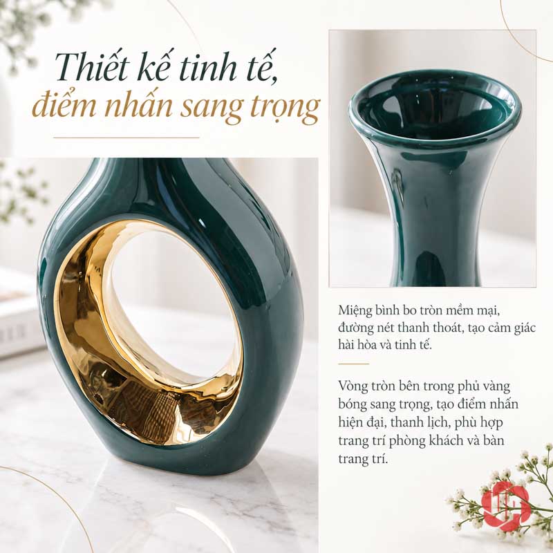 Cặp Bình Gốm Sứ Trang Trí Xanh Ngọc Vòng Tròn Ánh Kim UP060 Cận cảnh bình gốm sứ xanh ngọc dáng cao có vòng tròn ánh kim ở thân