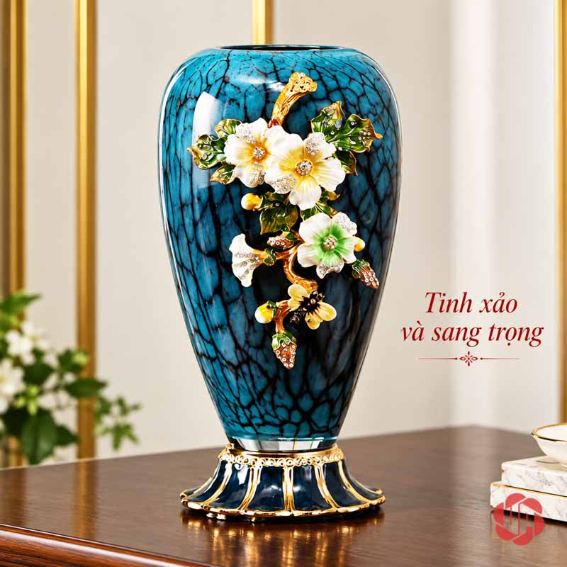 Bình Hoa Thủy Tinh Cao Cấp Xanh Ngọc Hoa Đắp Nổi UP003 Bình hoa trang trí xanh ngọc bề mặt vân đen cùng hoa trắng nổi và chân đế vàng