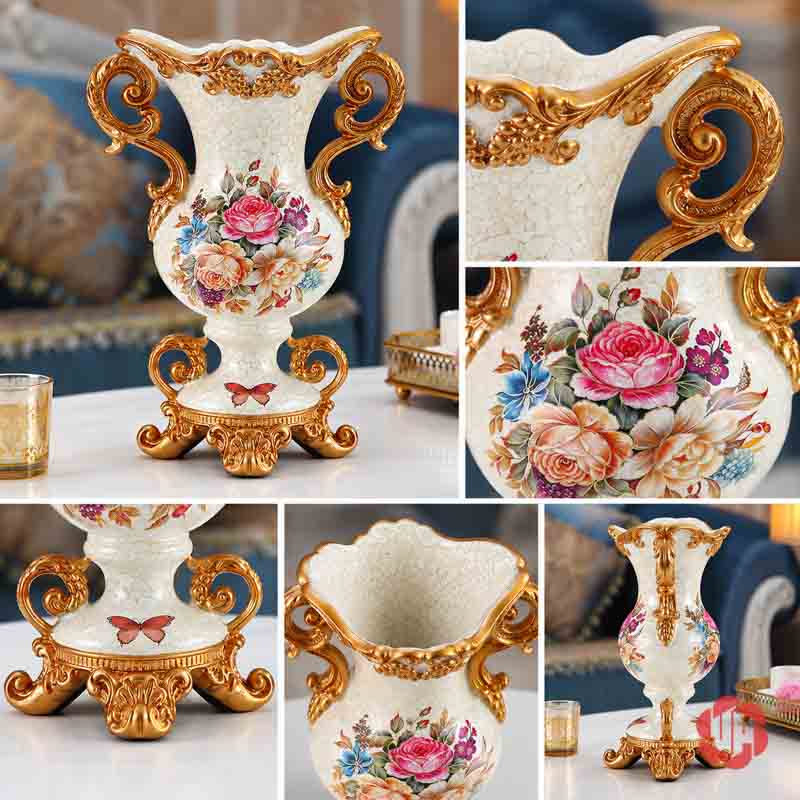 Bình Hoa Trang Trí Tân Cổ Điển Hai Quai Họa Tiết Hoa Hồng BG048 Ảnh ghép các chi tiết bình hoa BG048 gồm miệng bình, quai uốn lượn, hoa hồng, chân đế và mặt sau.
