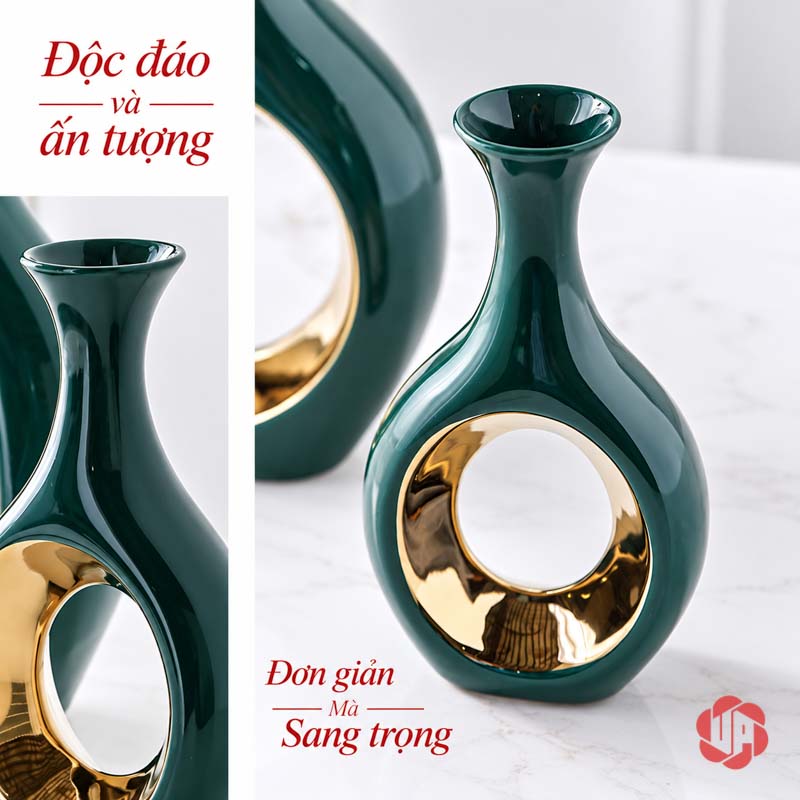 Cặp Bình Gốm Sứ Trang Trí Xanh Ngọc Vòng Tròn Ánh Kim UP060 Cận cảnh thiết kế cổ loe và vòng tròn của bình trang trí xanh ngọc